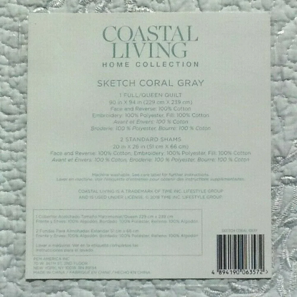 LIGHT GRAY 3pc Coastal Living Full/Queen EMBROIDERED CORAL 100% Cotton Quilt Set